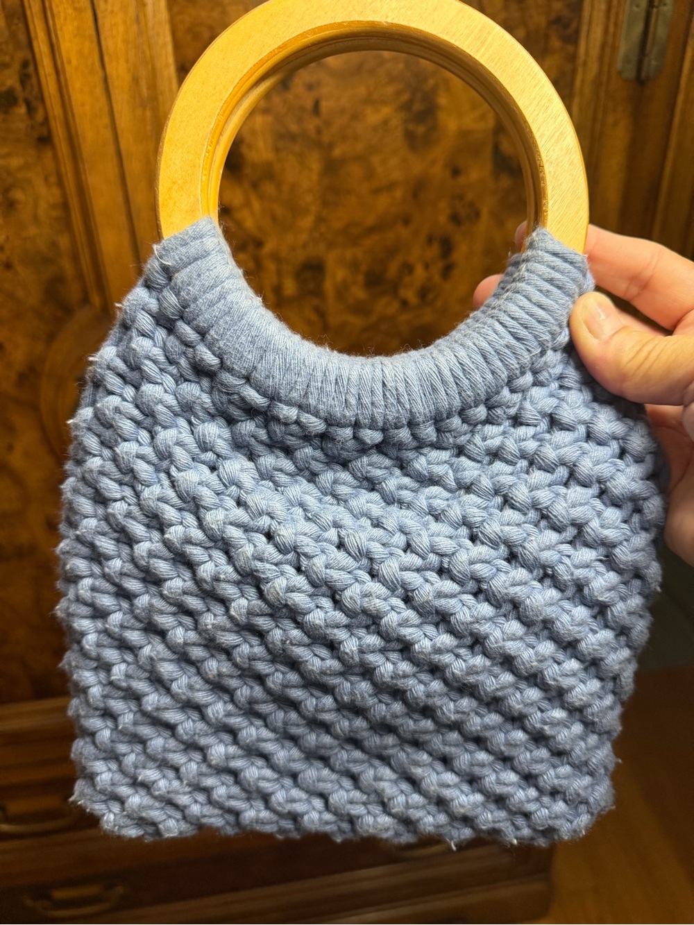 Handmade Light Blue Crochet Handbag with Wooden Handles